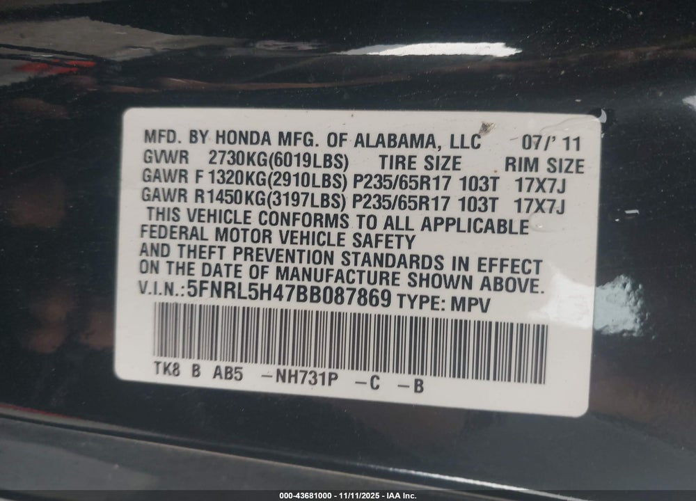 2011 HONDA ODYSSEY EX VIN: 5FNRL5H47BB087869