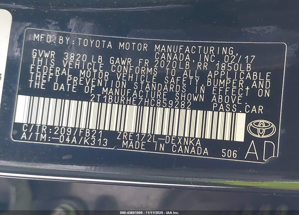 2017 TOYOTA COROLLA LE VIN: 2T1BURHE7HC859282
