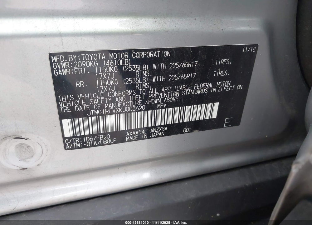 2019 TOYOTA RAV4 VIN: JTMG1RFVXKJ003620