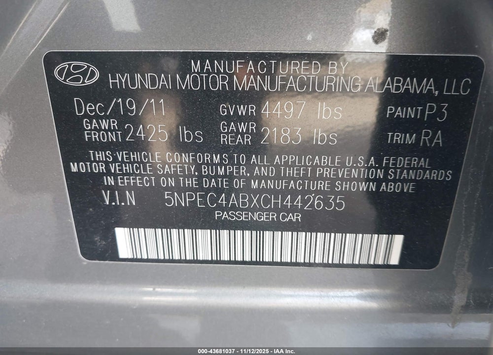 2012 HYUNDAI SONATA SE 2.0T VIN: 5NPEC4ABXCH442635