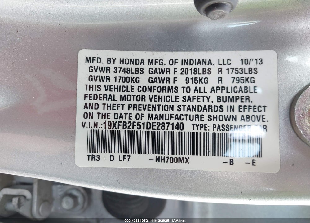 2013 HONDA CIVIC LX VIN: 19XFB2F51DE287140