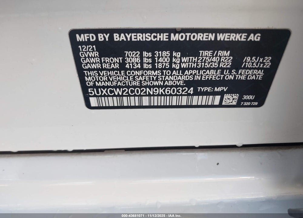 2022 BMW X7 XDRIVE40I VIN: 5UXCW2C02N9K60324