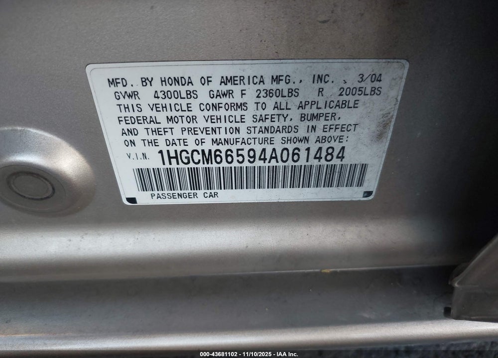2004 HONDA ACCORD 3.0 EX VIN: 1HGCM66594A061484