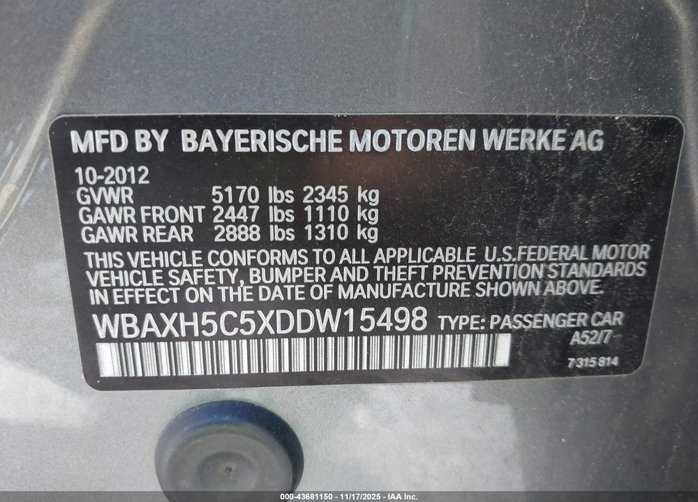 2013 BMW 528I XDRIVE VIN: WBAXH5C5XDDW15498