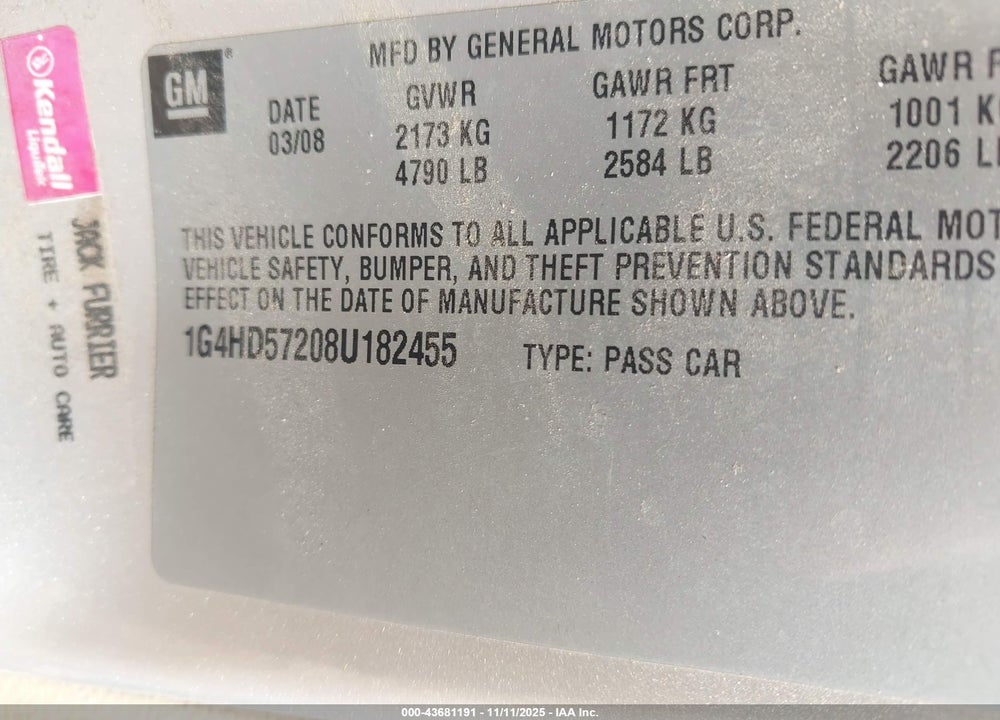 2008 BUICK LUCERNE CXL VIN: 1G4HD57208U182455