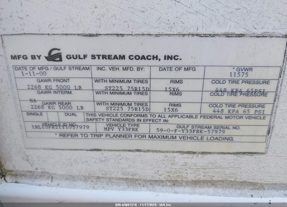 2000 GULFSTREAM 5TH WHEEL VIN: 1NL10FR21Y1057979
