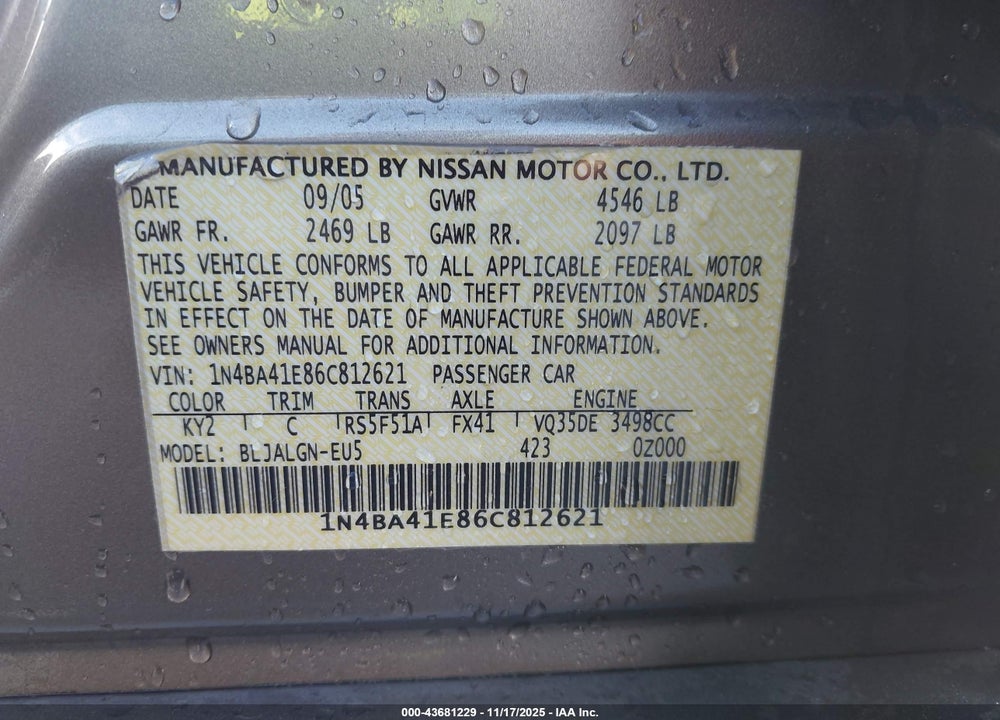 2006 NISSAN MAXIMA 3.5 SL VIN: 1N4BA41E86C812621