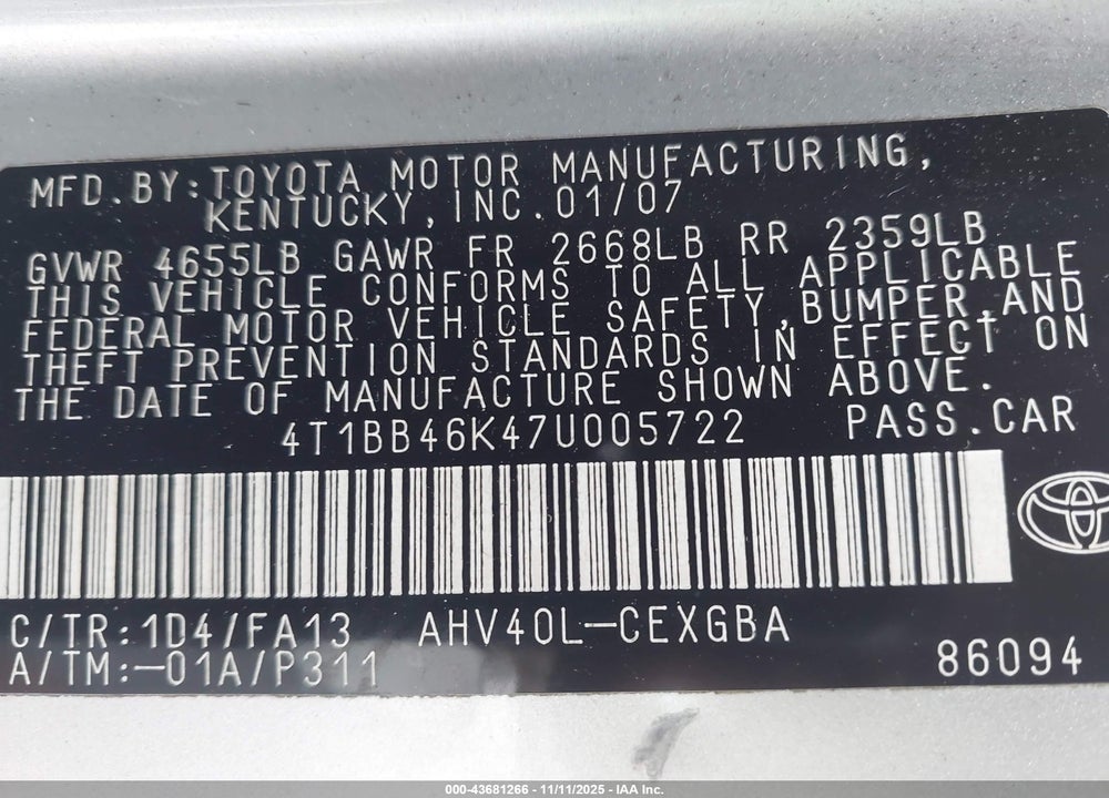 2007 TOYOTA CAMRY HYBRID VIN: 4T1BB46K47U005722