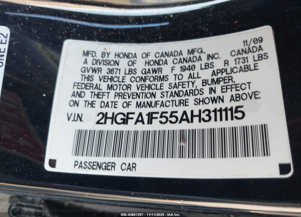 2010 HONDA CIVIC VIN: 2HGFA1F55AH311115