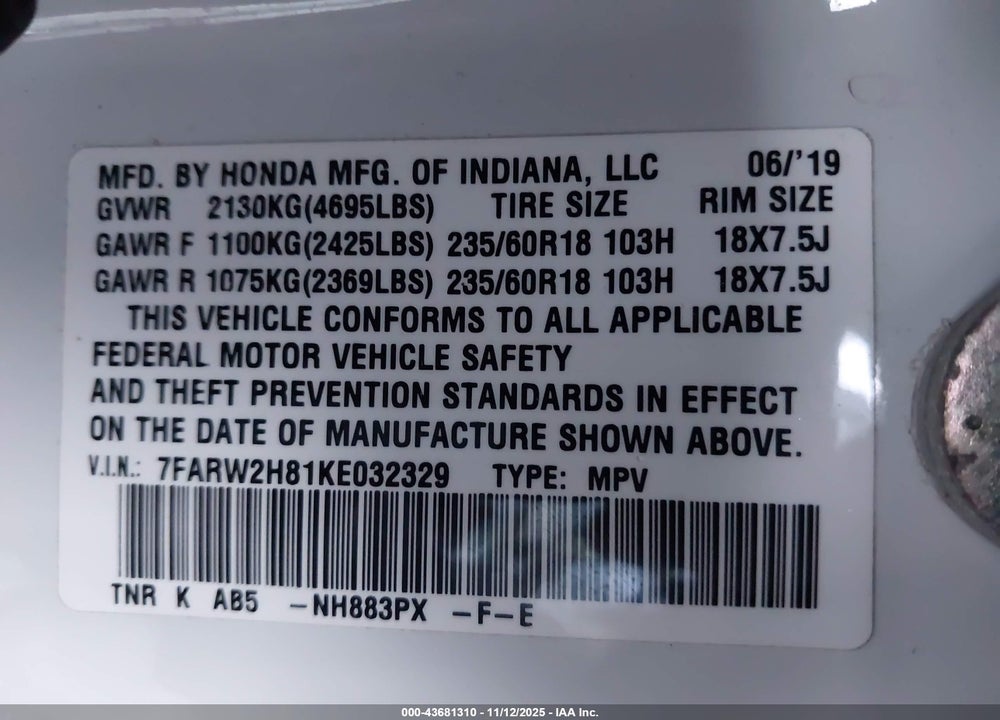 2019 HONDA CR-V VIN: 7FARW2H81KE032329