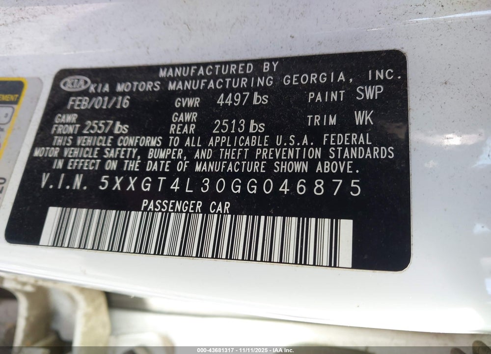 2016 KIA OPTIMA LX VIN: 5XXGT4L30GG046875