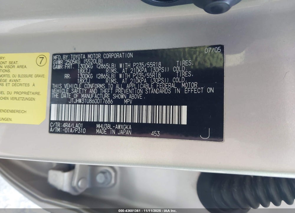 2006 LEXUS RX 400H VIN: JTJHW31U860017686