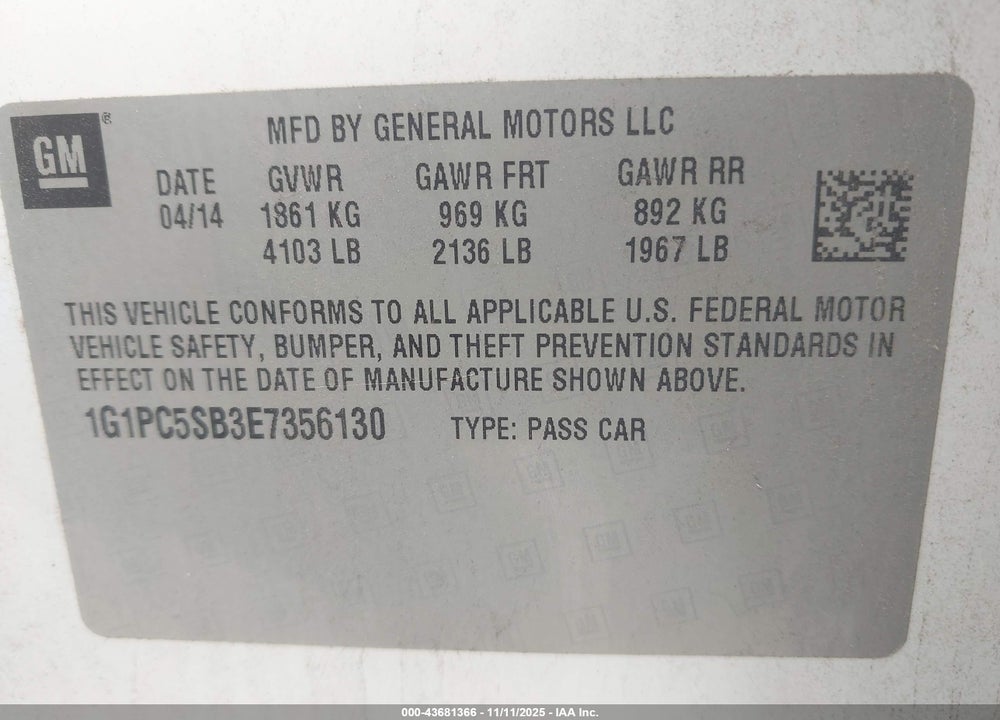 2014 CHEVROLET CRUZE 1LT AUTO VIN: 1G1PC5SB3E7356130