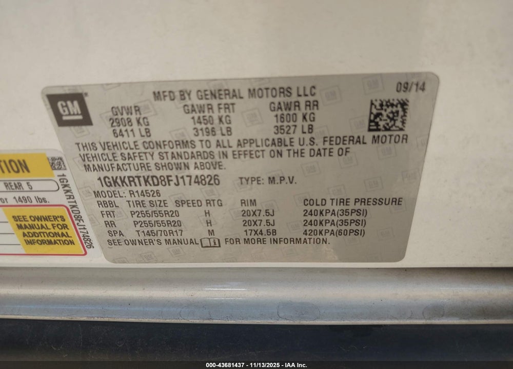2015 GMC ACADIA DENALI VIN: 1GKKRTKD8FJ174826