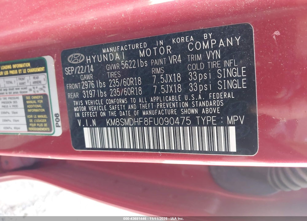 2015 HYUNDAI SANTA FE GLS VIN: KM8SMDHF8FU090475
