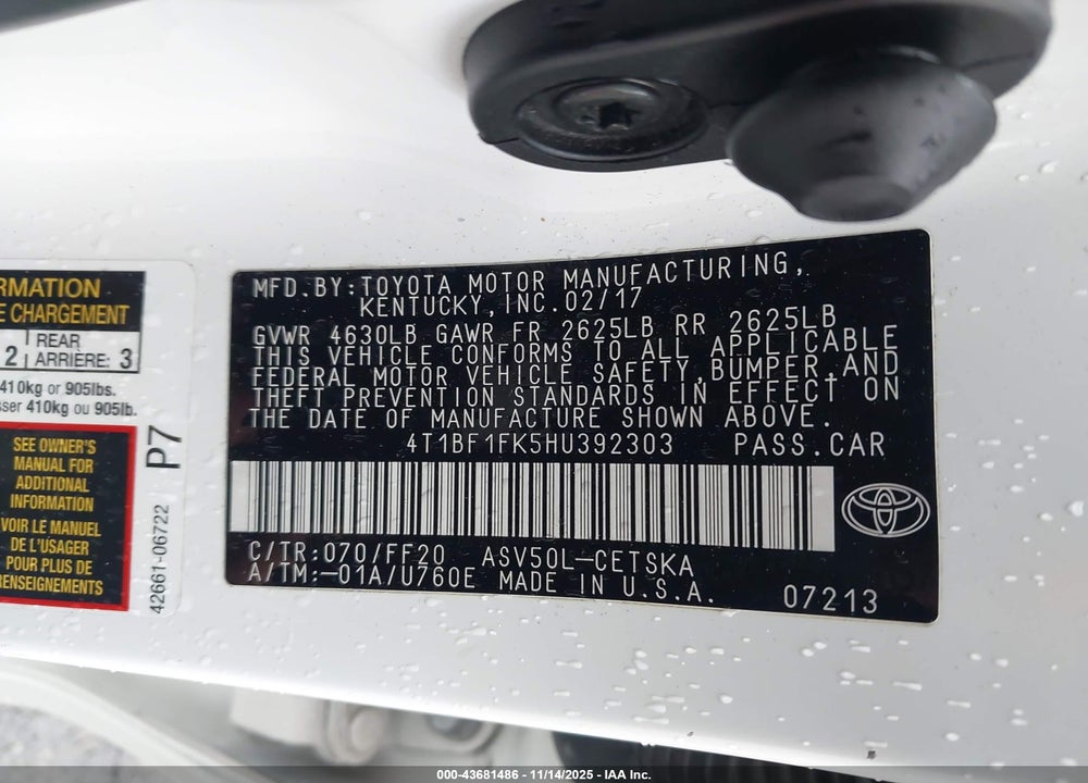 2017 TOYOTA CAMRY VIN: 4T1BF1FK5HU392303