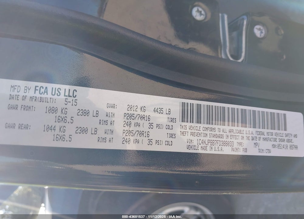 2015 JEEP PATRIOT SPORT VIN: 1C4NJPBB7FD388033