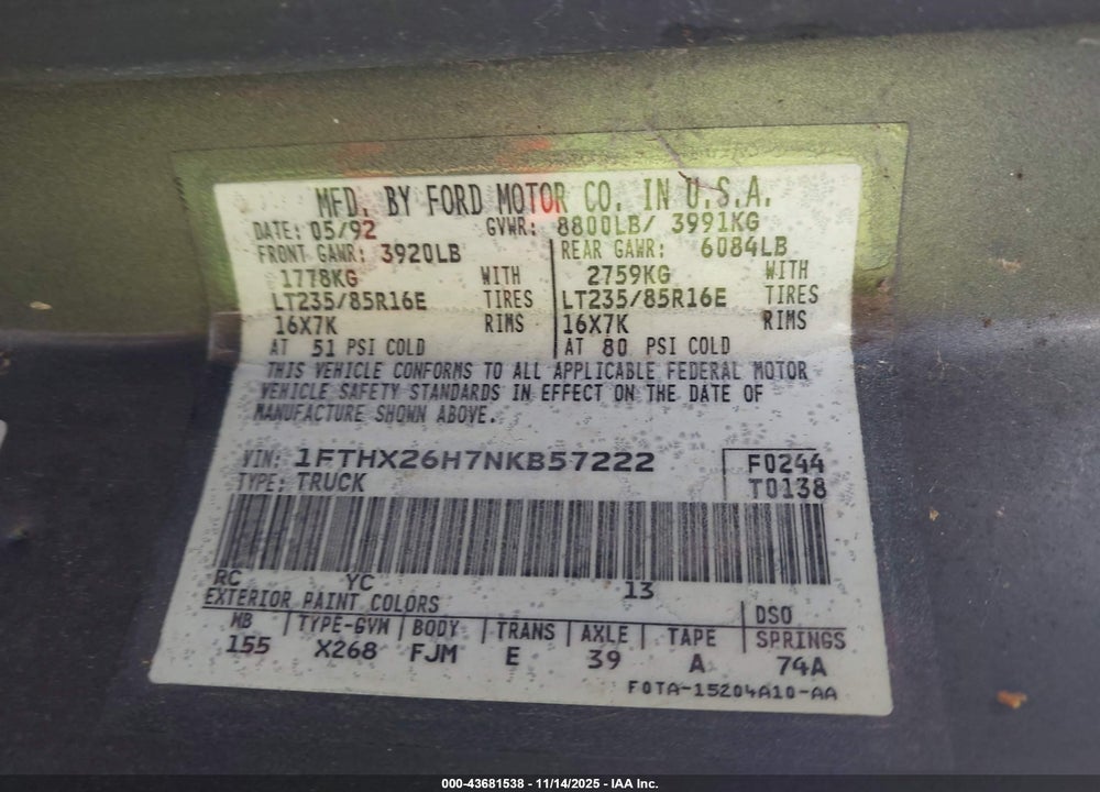 1992 FORD F250 VIN: 1FTHX26H7NKB57222