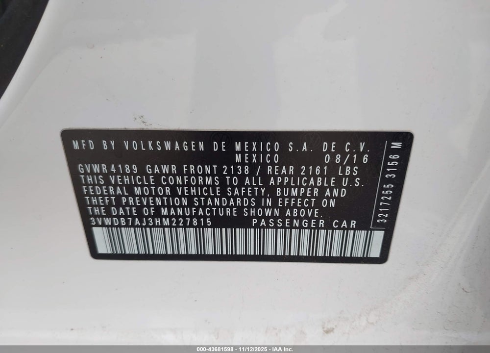 2017 VOLKSWAGEN JETTA VIN: 3VWDB7AJ3HM227815