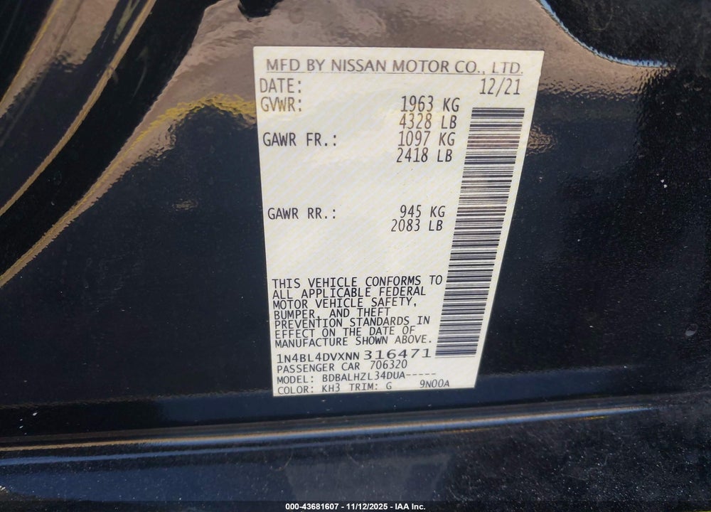 2022 NISSAN ALTIMA SV FWD VIN: 1N4BL4DVXNN316471