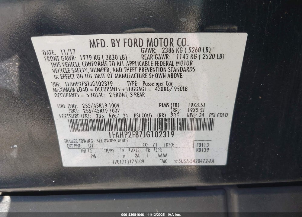 2018 FORD TAURUS LIMITED VIN: 1FAHP2F87JG102319