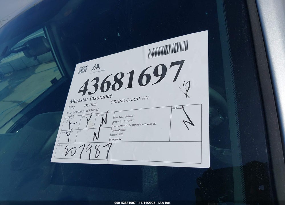2012 DODGE GRAND CARAVAN SXT VIN: 2C4RDGCGXCR340912