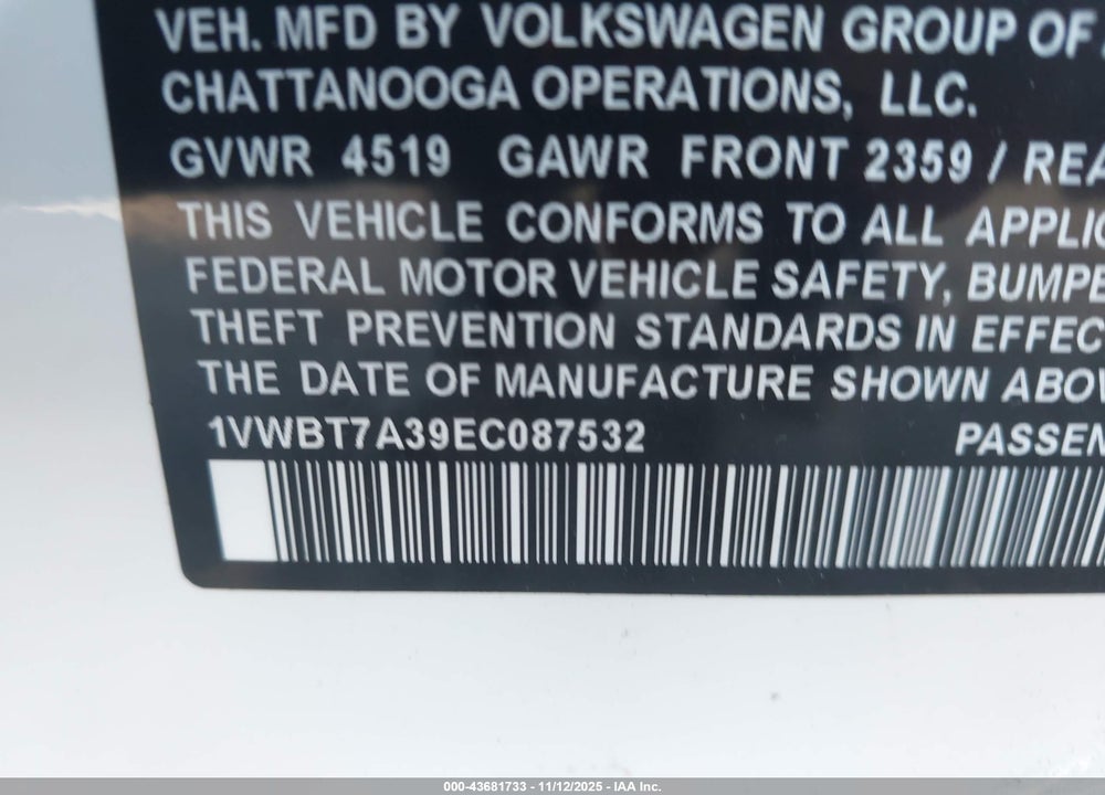 2014 VOLKSWAGEN PASSAT VIN: 1VWBT7A39EC087532