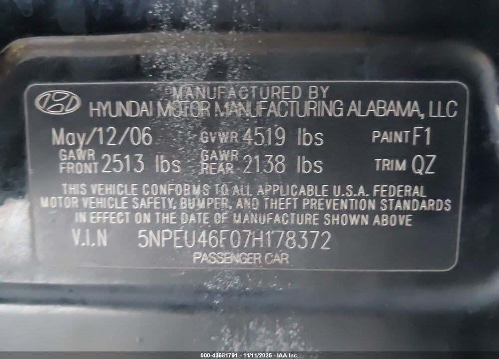 2007 HYUNDAI SONATA LIMITED/SE V6 VIN: 5NPEU46F07H178372