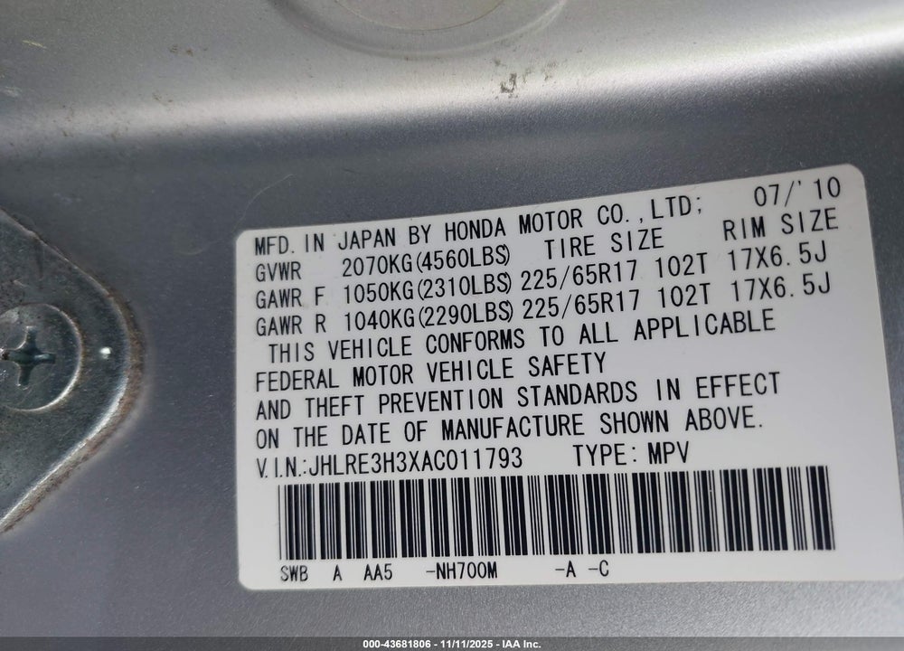2010 HONDA CR-V LX VIN: JHLRE3H3XAC011793