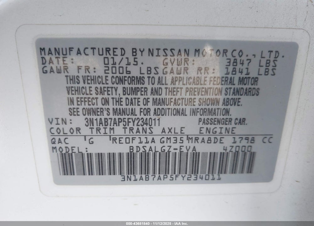 2015 NISSAN SENTRA VIN: 3N1AB7AP5FY234011