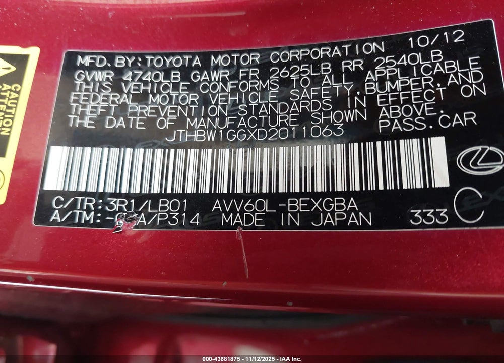 2013 LEXUS ES 300H VIN: JTHBW1GGXD2011063