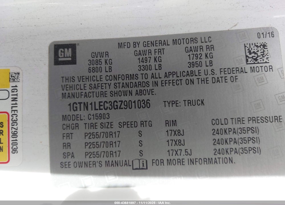 2016 GMC SIERRA 1500 VIN: 1GTN1LEC3GZ901036