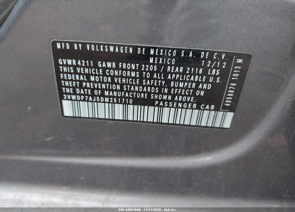 2013 VOLKSWAGEN JETTA VIN: 3VWDP7AJ5DM251710
