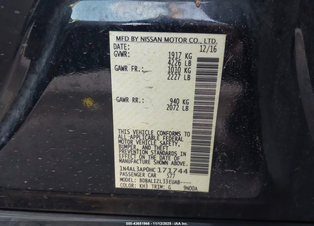2017 NISSAN ALTIMA 2.5 SV VIN: 1N4AL3AP0HC171744
