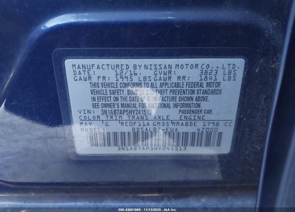 2017 NISSAN SENTRA S VIN: 3N1AB7AP5HY241513