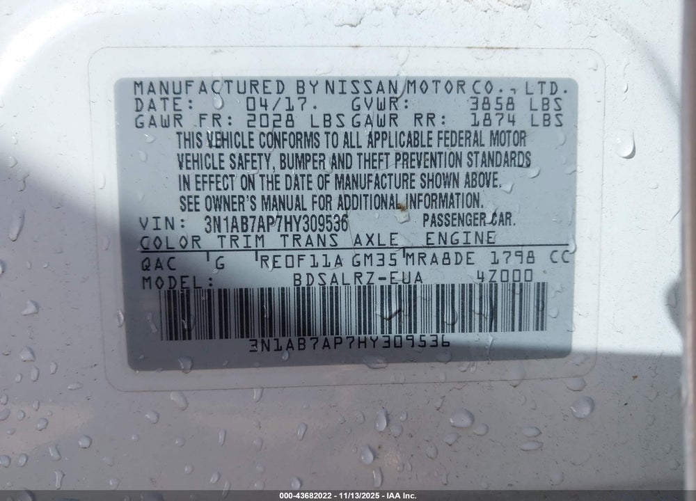 2017 NISSAN SENTRA VIN: 3N1AB7AP7HY309536