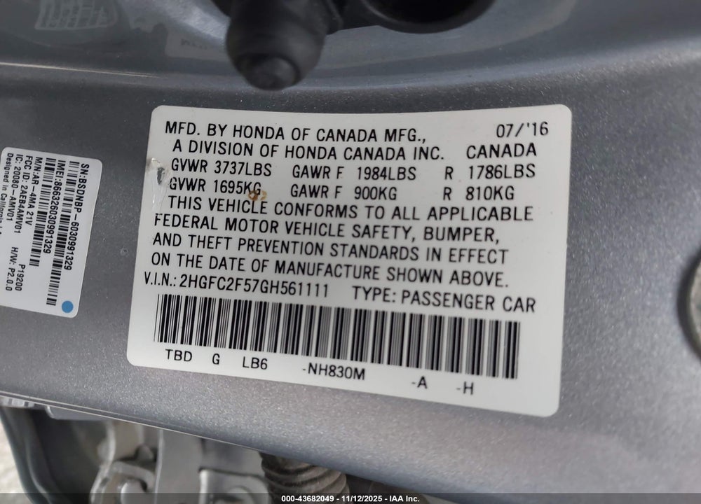 2016 HONDA CIVIC LX VIN: 2HGFC2F57GH561111
