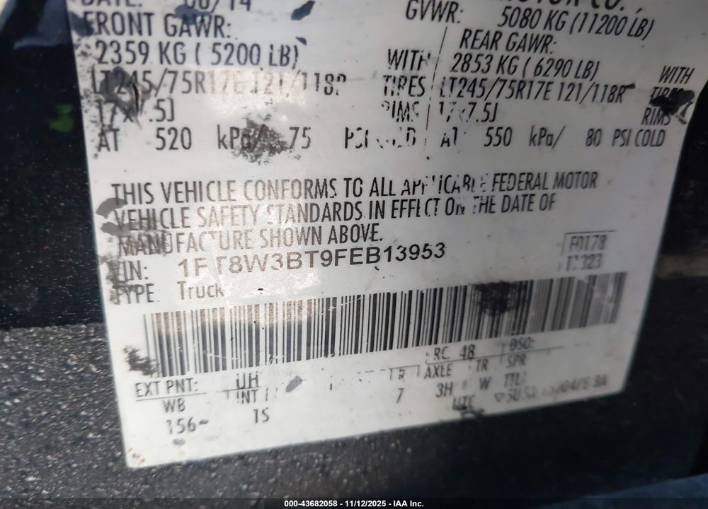 2015 FORD F-350 XL VIN: 1FT8W3BT9FEB13953