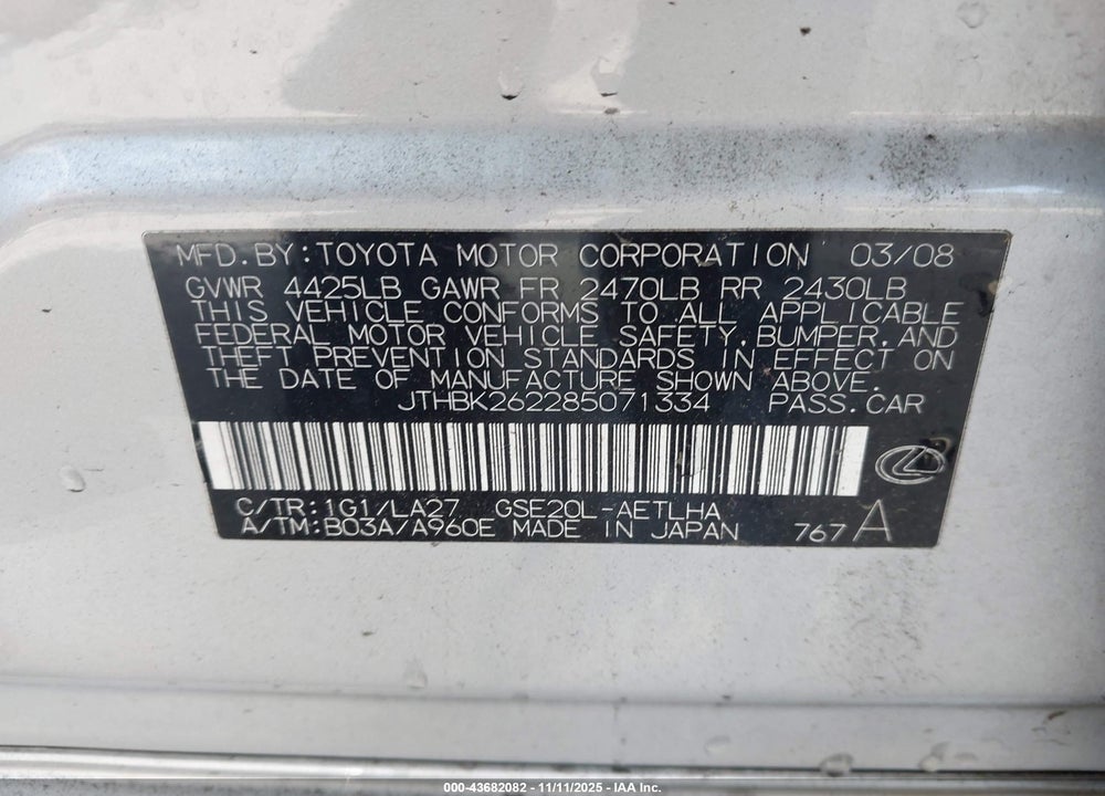 2008 LEXUS IS 250 VIN: JTHBK262285071334