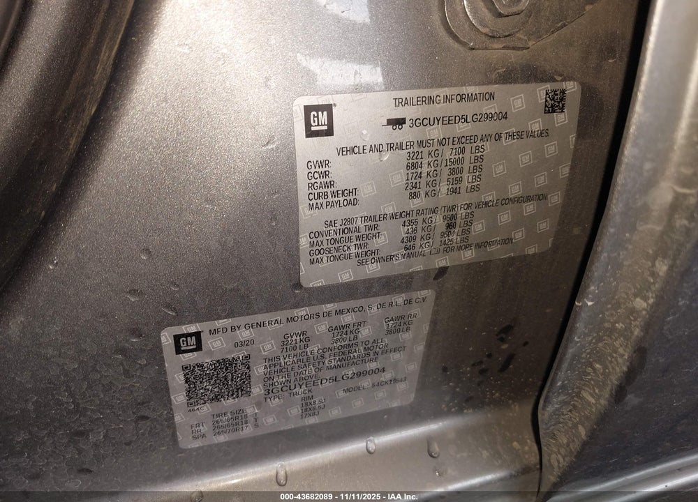 2020 CHEVROLET SILVERADO 1500 4WD SHORT BED RST VIN: 3GCUYEED5LG299004