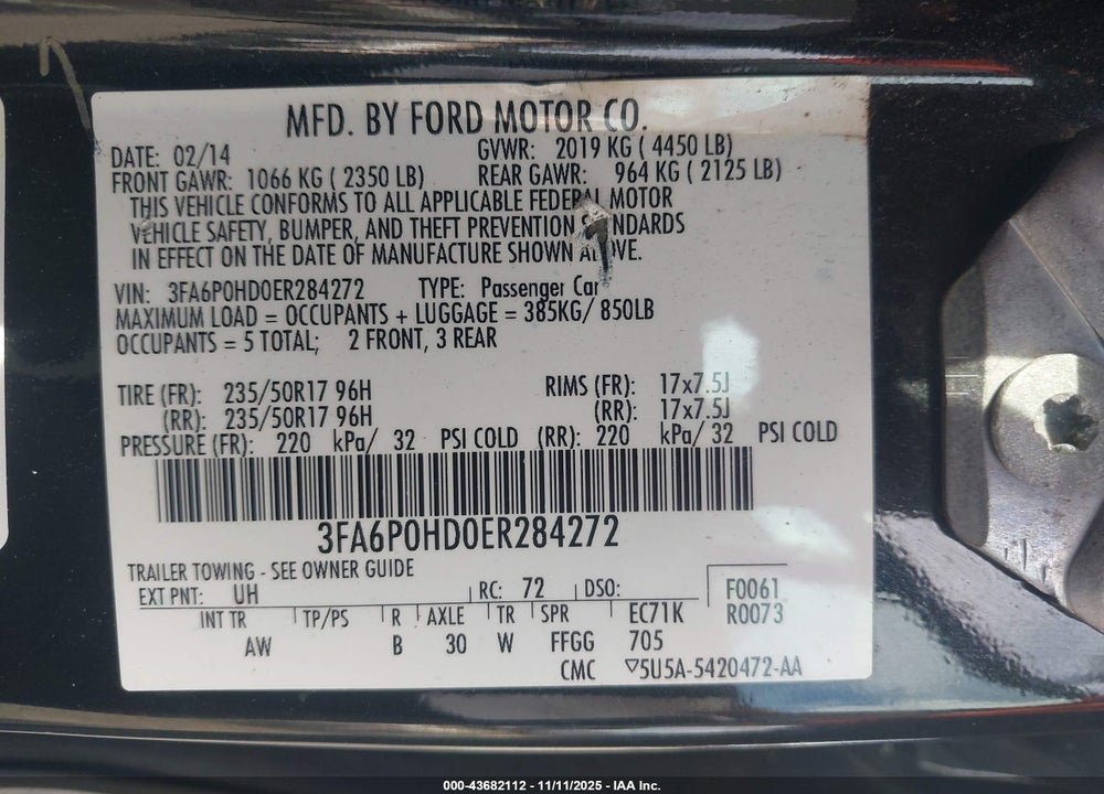 2014 FORD FUSION SE VIN: 3FA6P0HD0ER284272