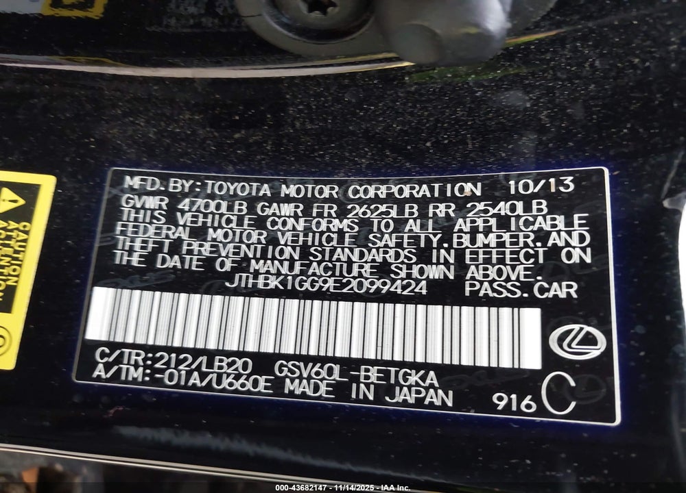 2014 LEXUS ES 350 VIN: JTHBK1GG9E2099424