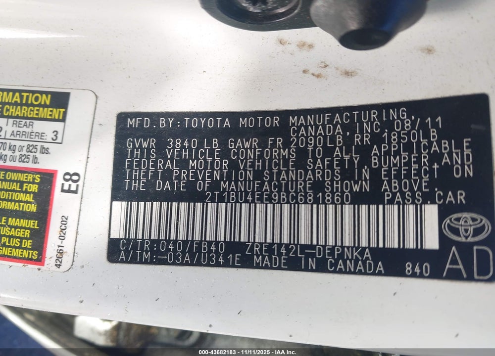 2011 TOYOTA COROLLA LE VIN: 2T1BU4EE9BC681860
