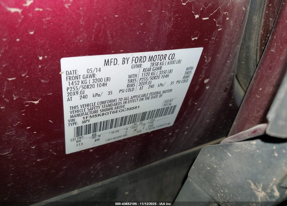 2014 FORD EXPLORER SPORT VIN: 1FM5K8GT6EGC58581