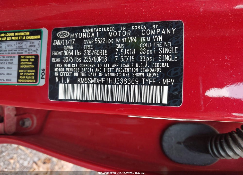 2017 HYUNDAI SANTA FE SE VIN: KM8SMDHF1HU238369