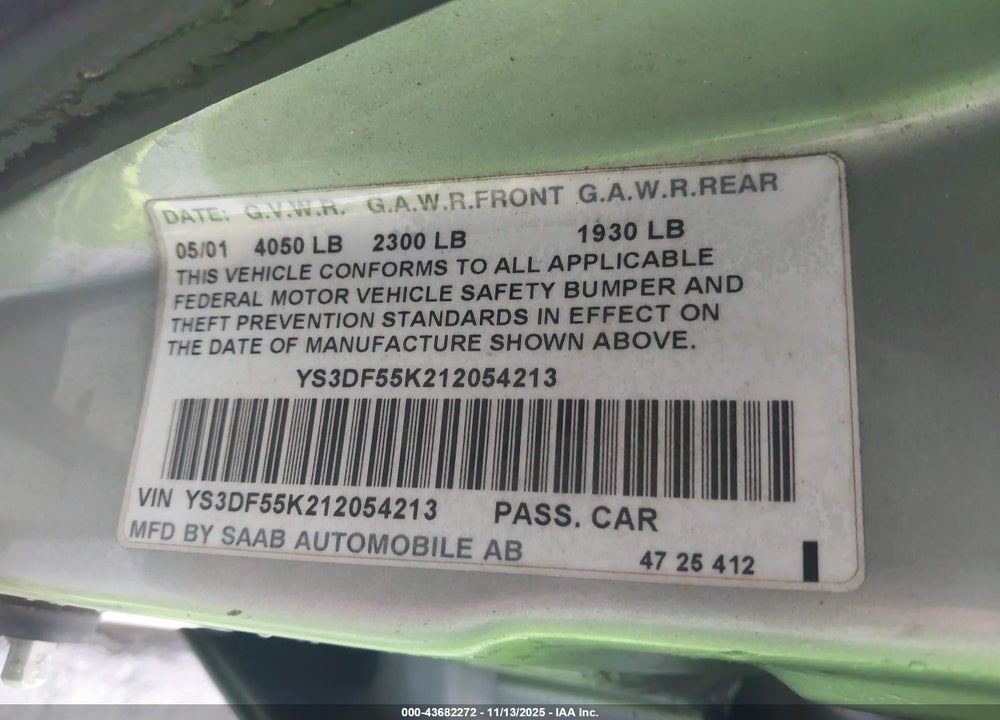 2001 SAAB 9-3 SE VIN: YS3DF55K212054213