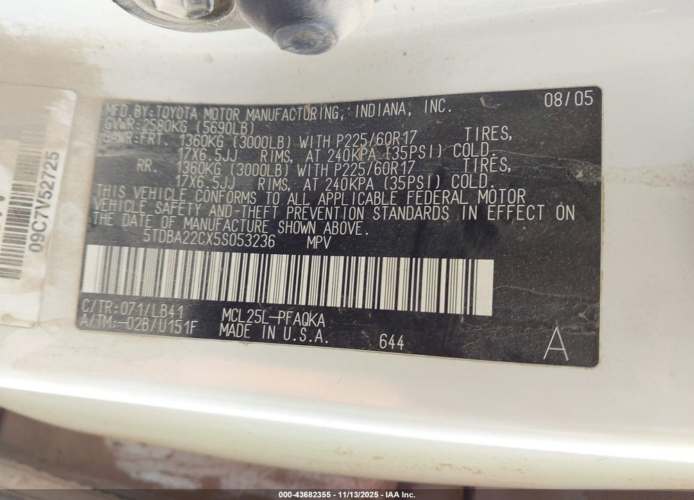 2005 TOYOTA SIENNA XLE LIMITED VIN: 5TDBA22CX5S053236