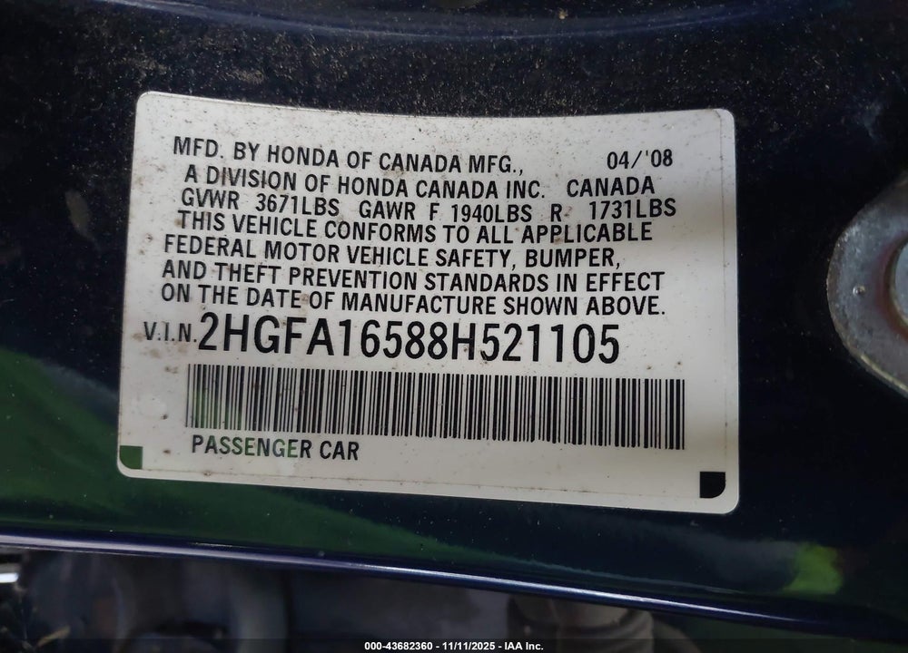 2008 HONDA CIVIC VIN: 2HGFA16588H521105