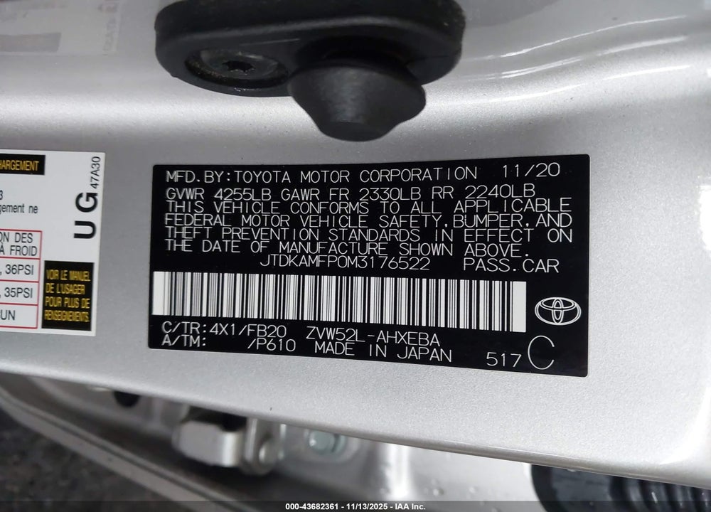 2021 TOYOTA PRIUS PRIME LE VIN: JTDKAMFP0M3176522