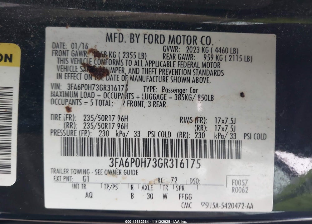 2016 FORD FUSION SE VIN: 3FA6P0H73GR316175